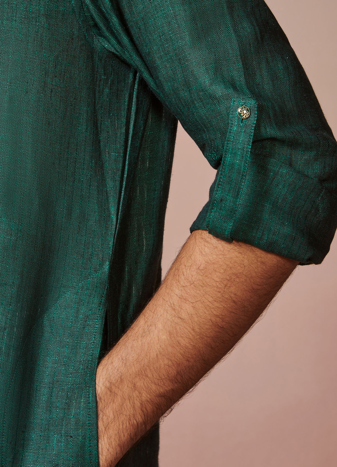 Manyavar Men Bottle Green Self Striped Kurta