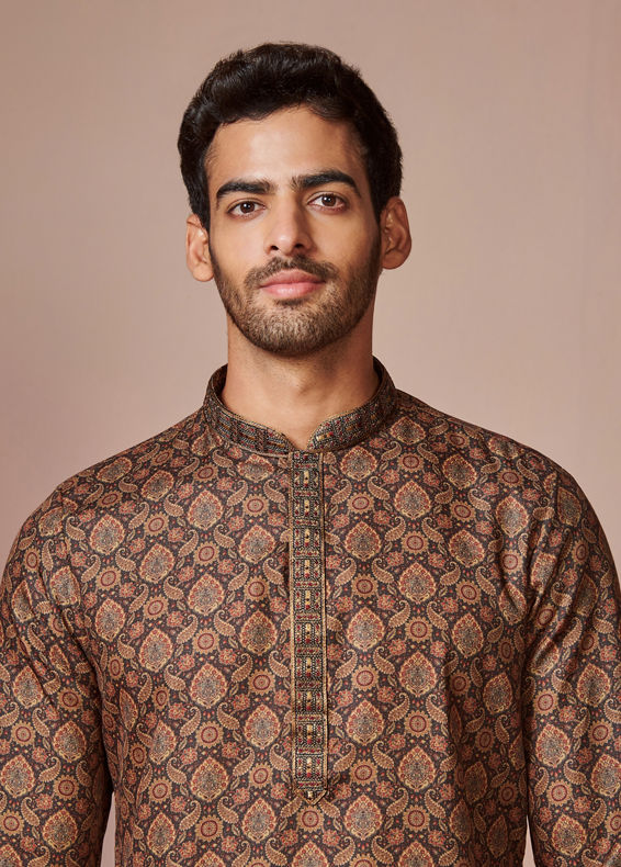 Manyavar Men Dark Brown Printed Kurta Churidar