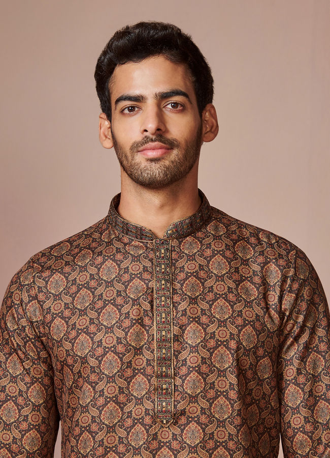 alt message - Manyavar Men Dark Brown Printed Kurta image number 0