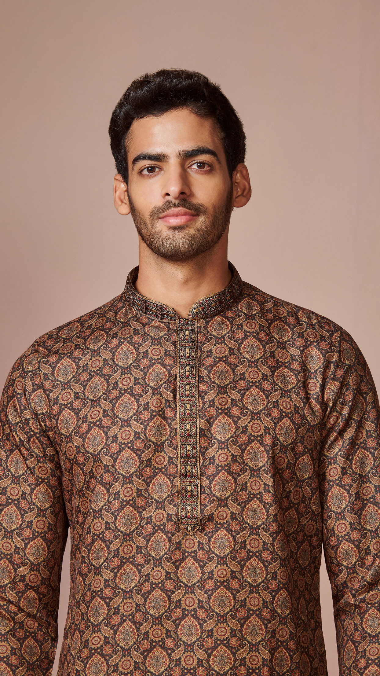 Manyavar Men Dark Brown Printed Kurta Churidar