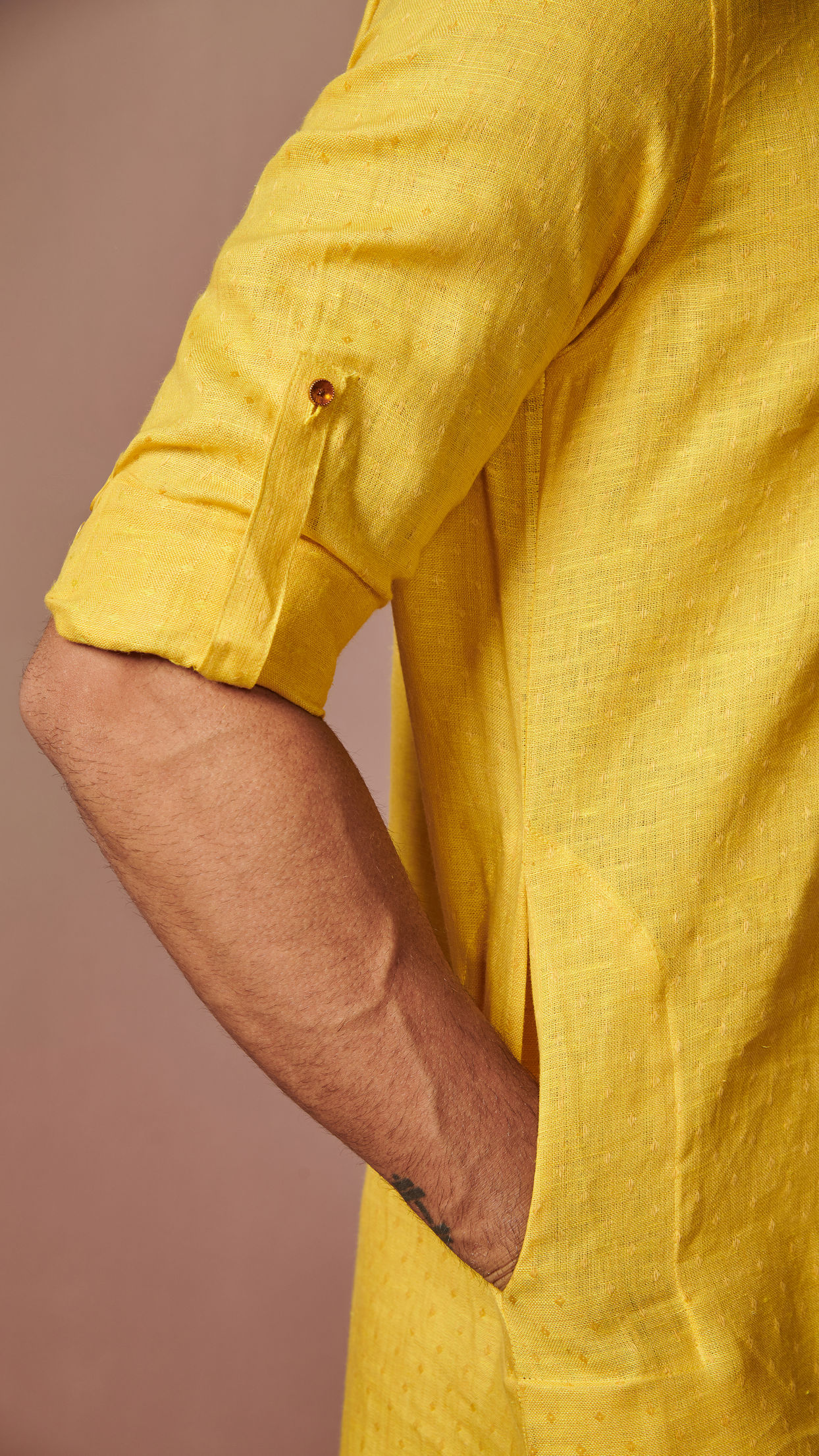 Manyavar Men Mustard Yellow Self Design Kurta