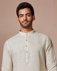 Manyavar Men Light Cream Self Striped Kurta