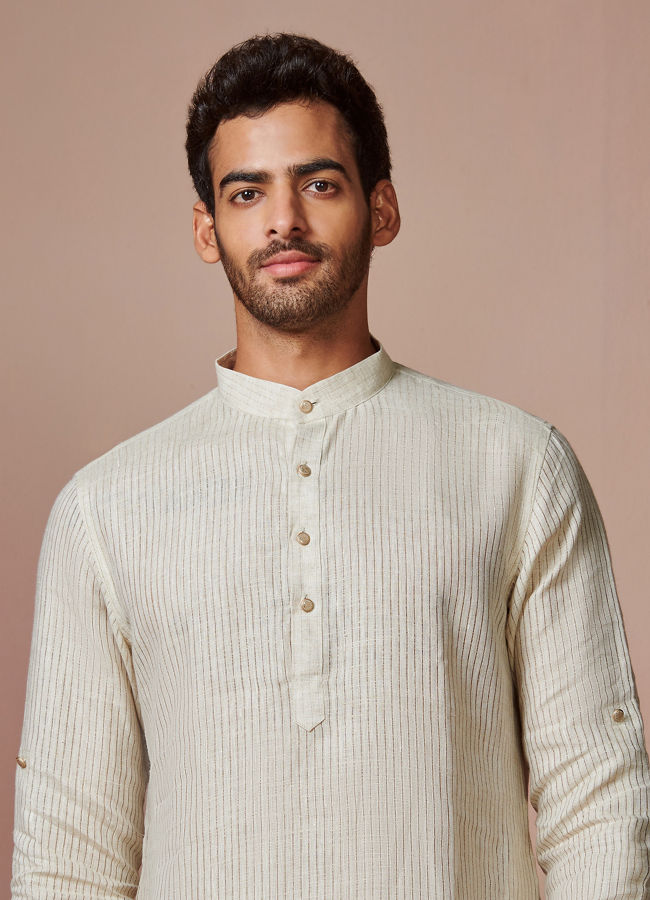 alt message - Manyavar Men Light Cream Self Striped Kurta image number 0