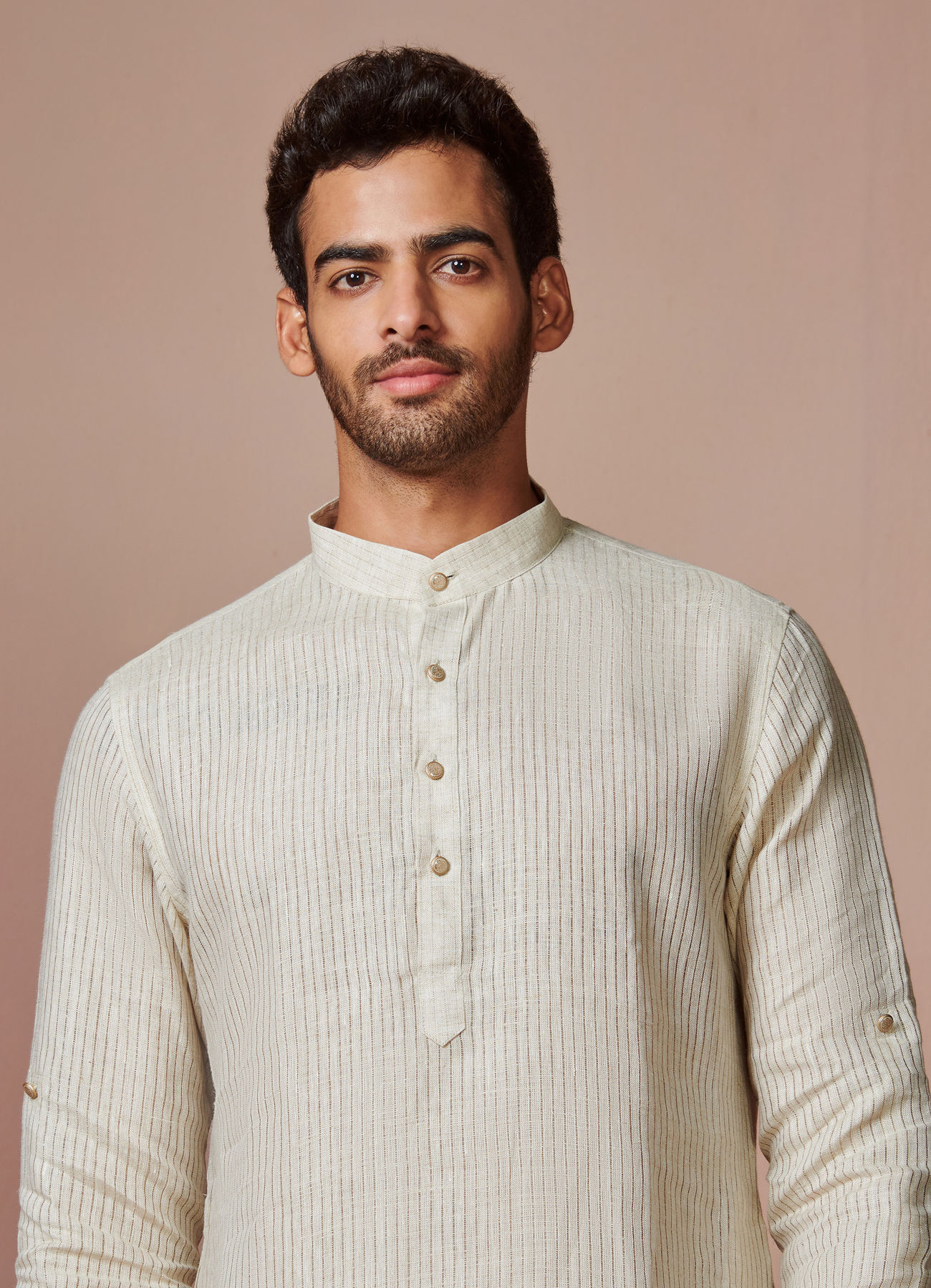 Manyavar Men Light Cream Self Striped Kurta