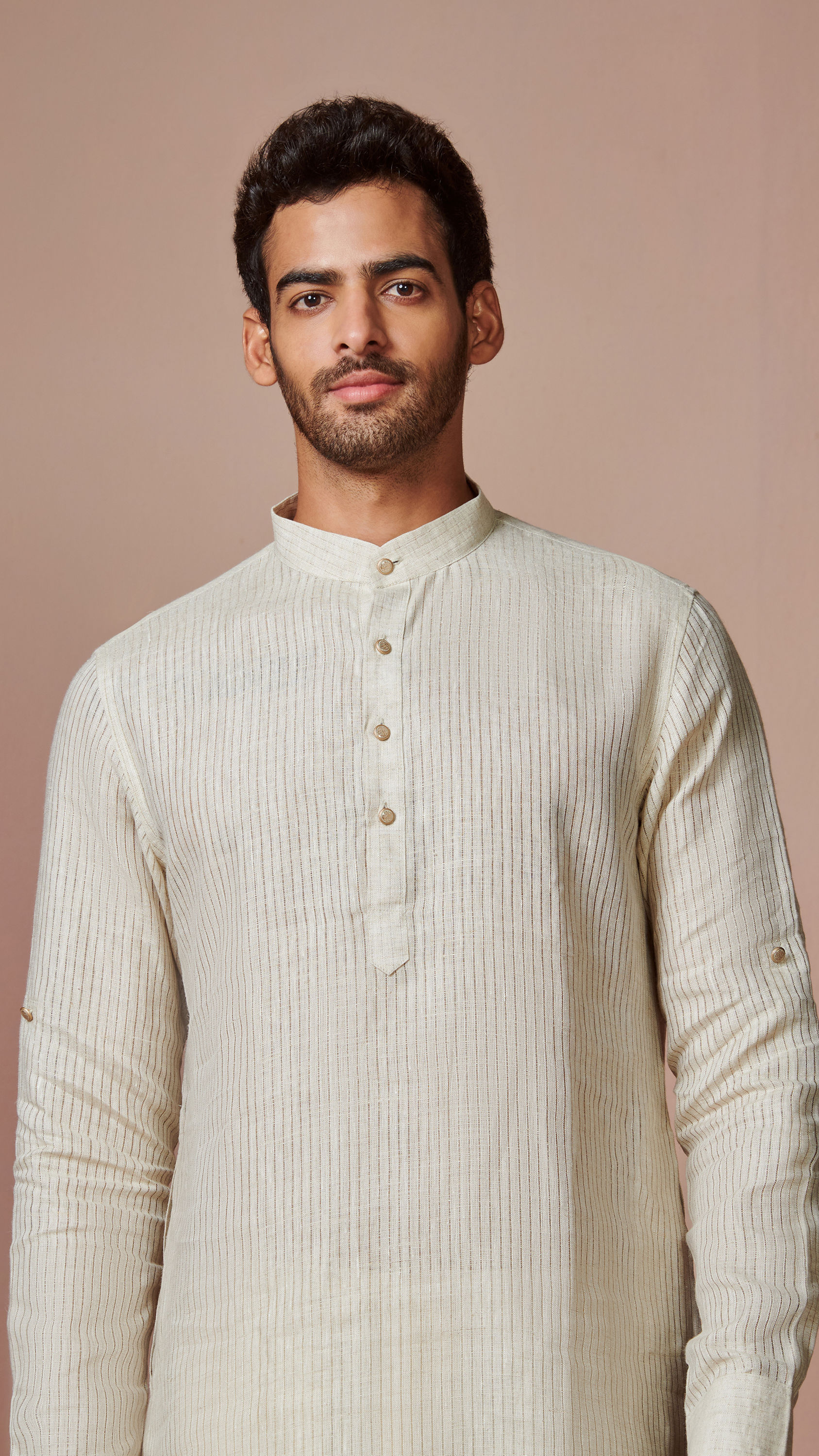 Manyavar Men Light Cream Self Striped Kurta