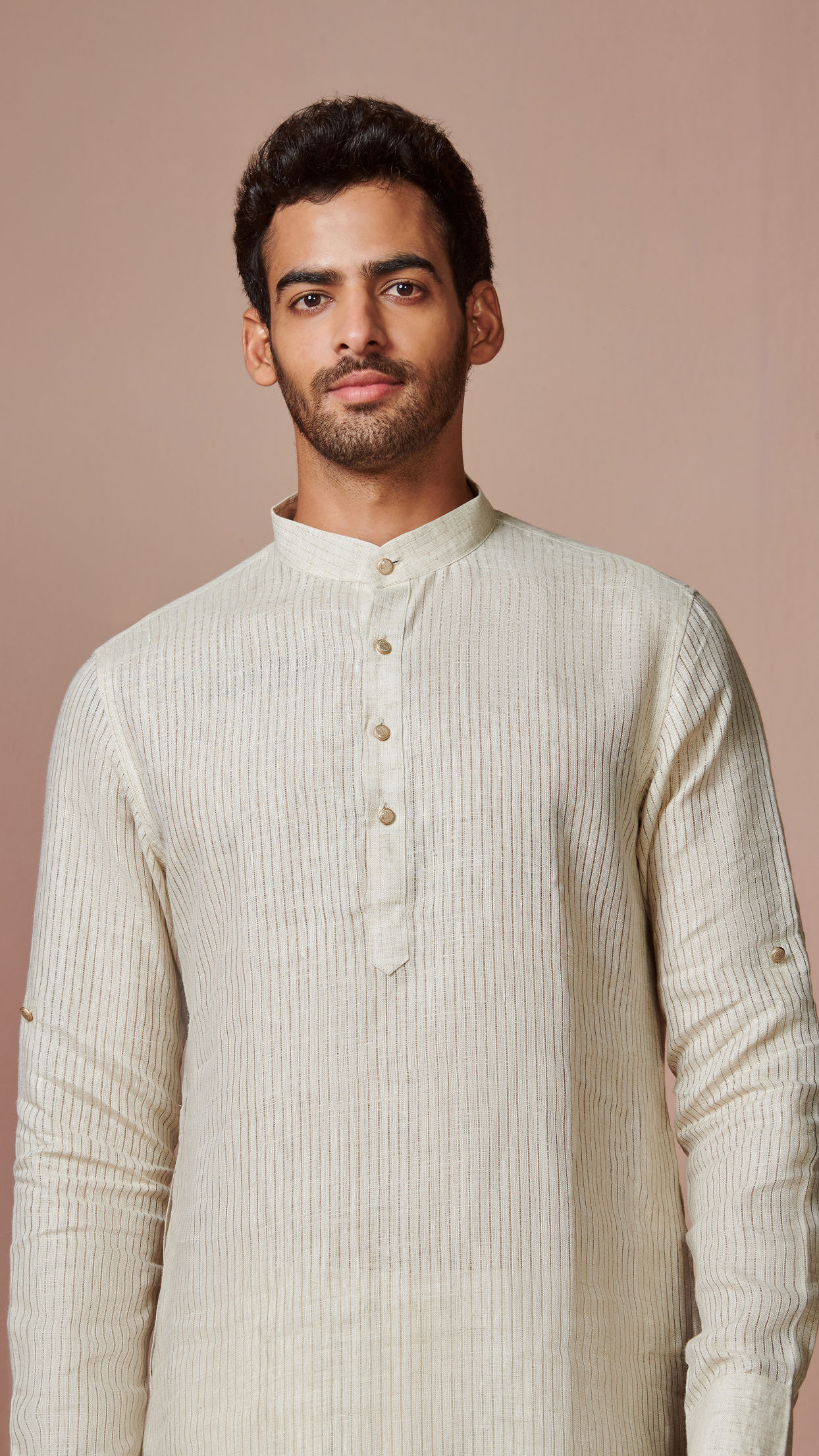 alt message - Manyavar Men Light Cream Self Striped Kurta image number 0