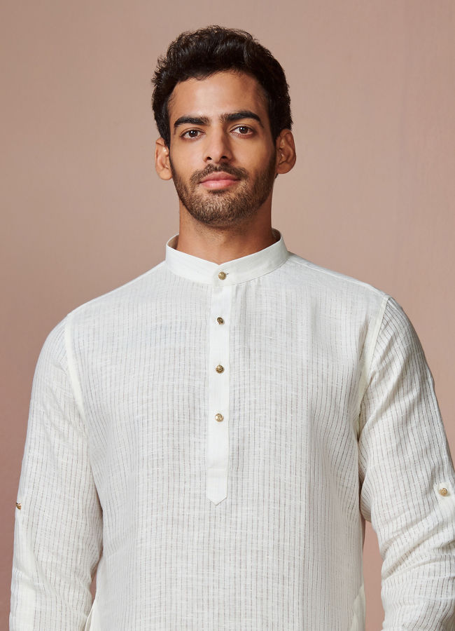 Manyavar Men Off White Self Striped Kurta