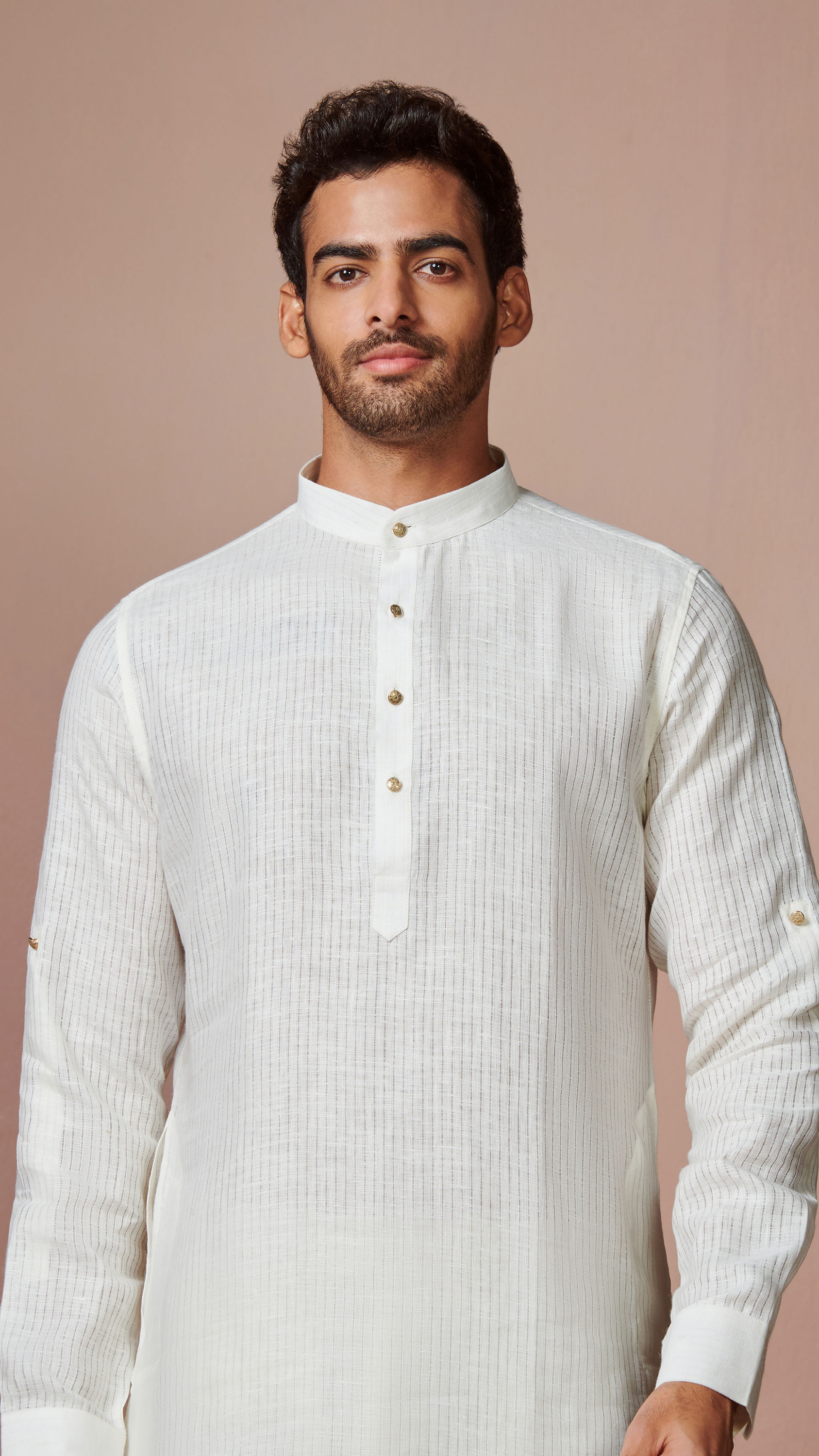 Manyavar Men Off White Self Striped Kurta