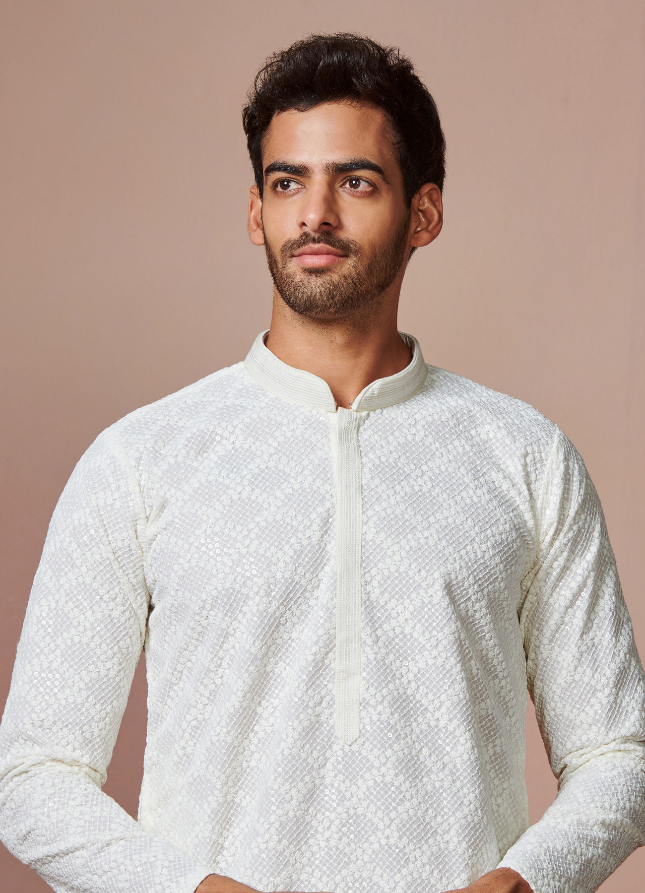 Manyavar Men Off White Chikankari Kurta Set