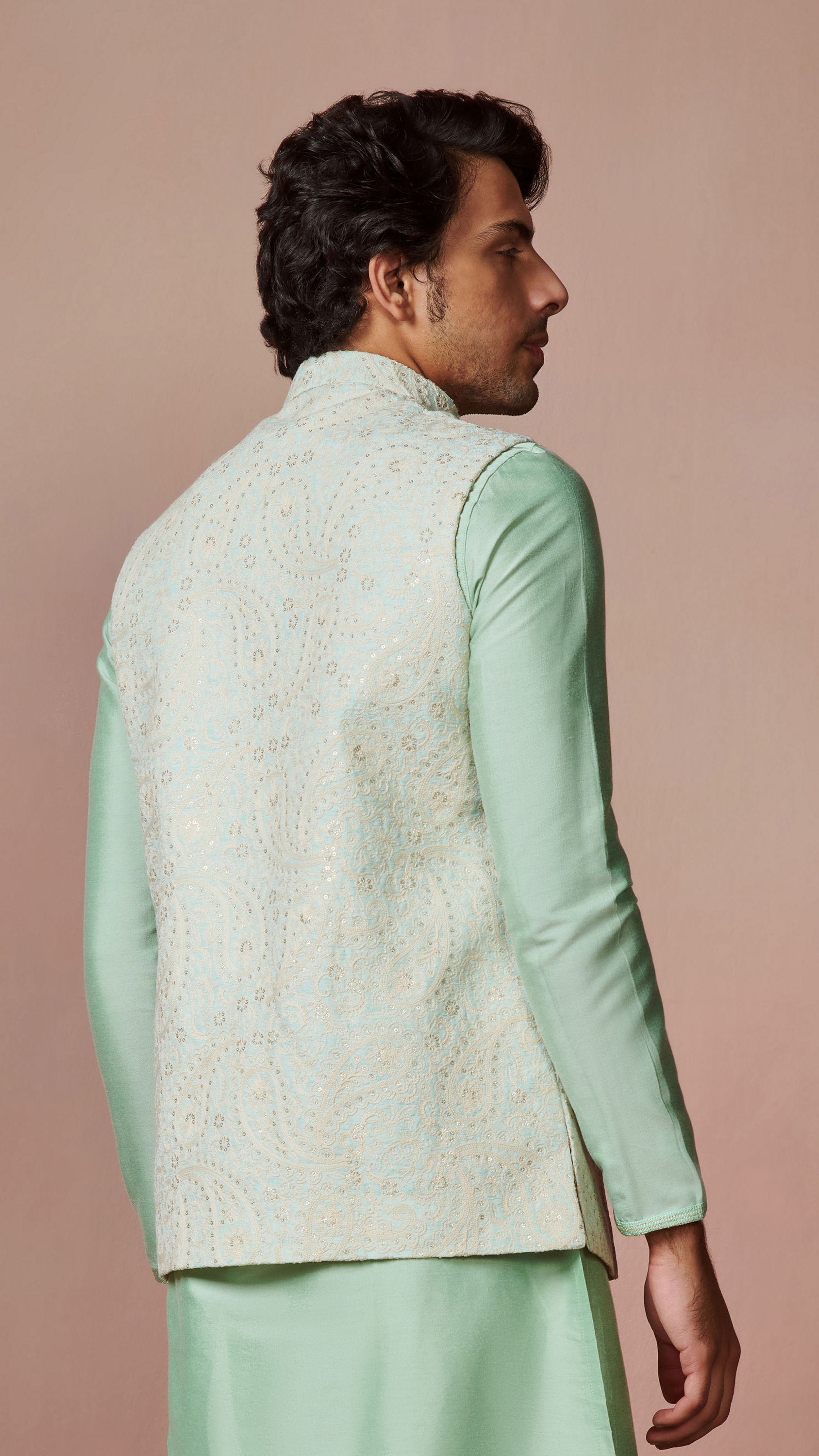 Manyavar Men Mint Green Paisley Jacket