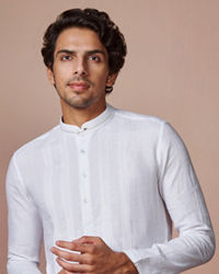 Manyavar Men White Self Striped Kurta