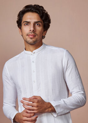 White Self Striped Kurta image number 0