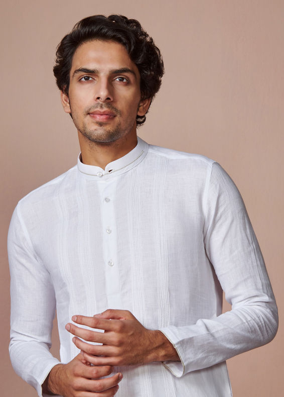 Manyavar Men White Self Striped Kurta
