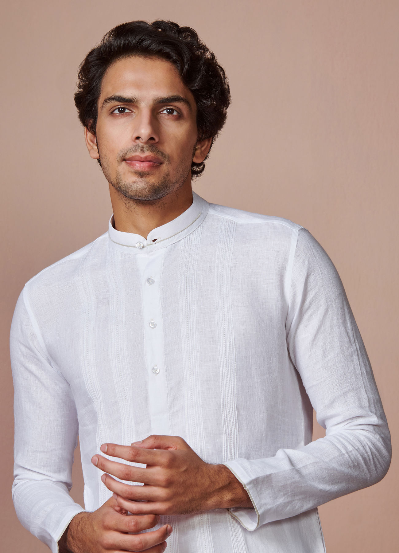 Manyavar Men White Self Striped Kurta