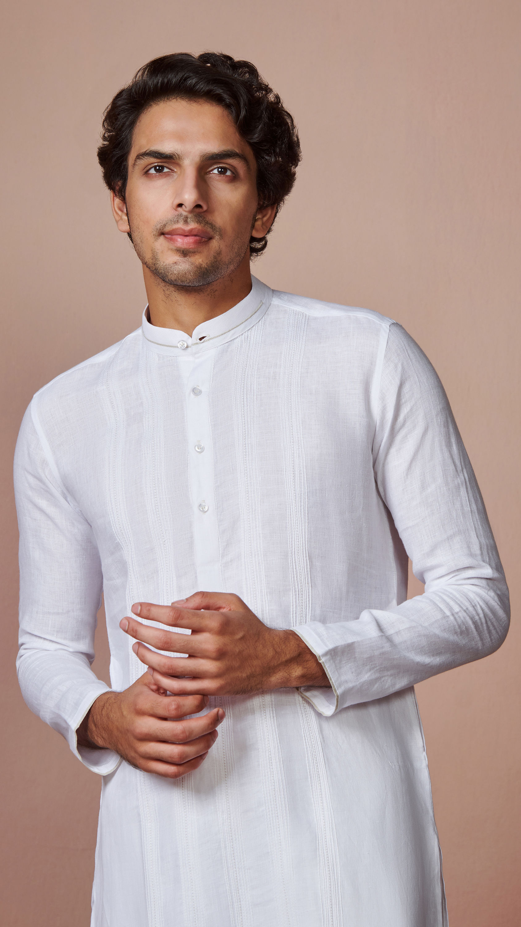 Manyavar Men White Self Striped Kurta