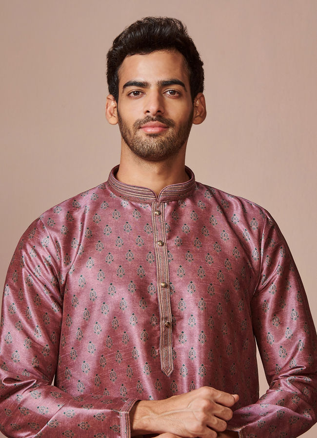 alt message - Manyavar Men Purple Art Silk Printed Kurta image number 0