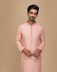 Manyavar Men Peach Jacquard Kurta Set