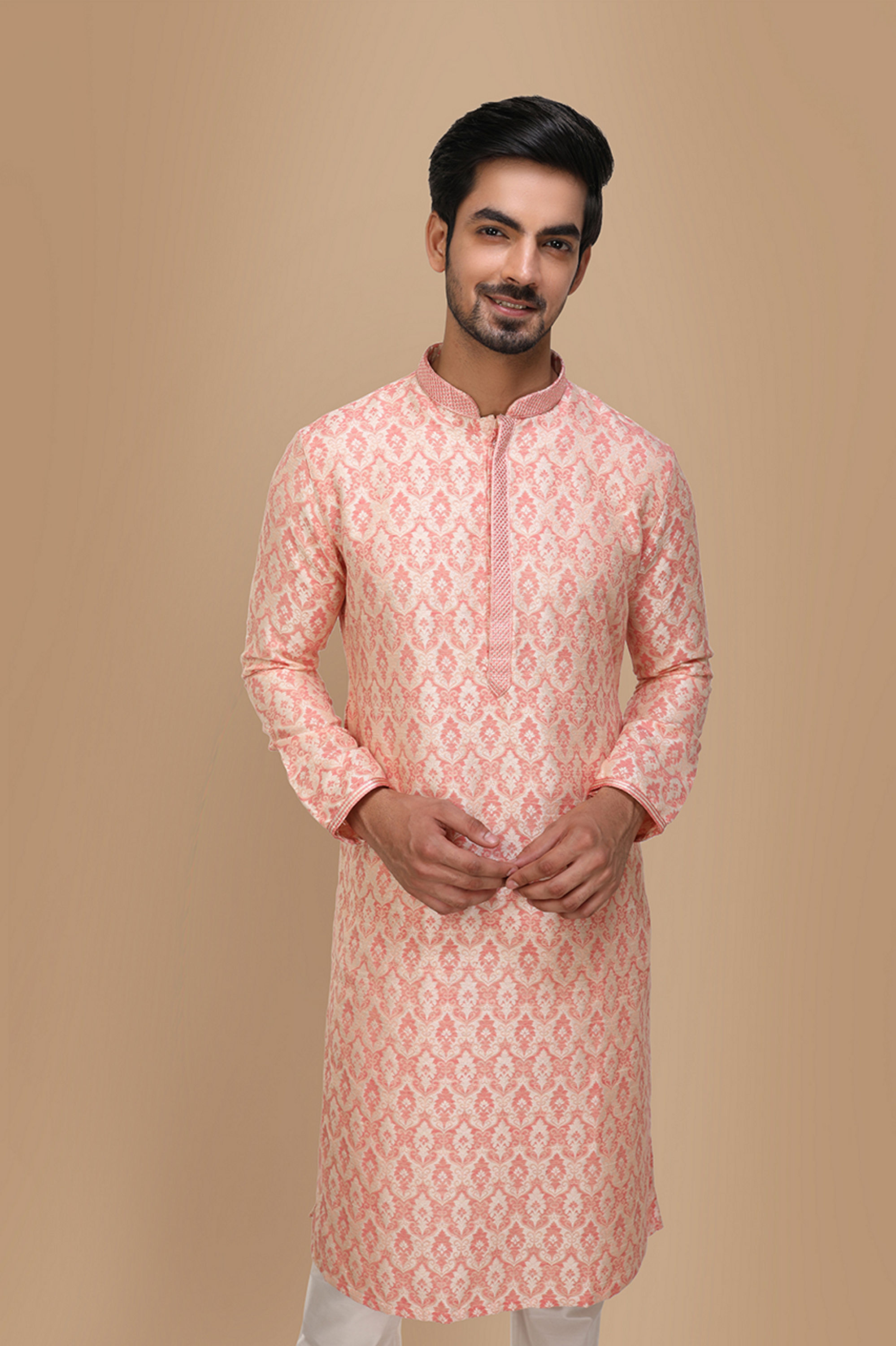 Manyavar Men Peach Jacquard Kurta Set