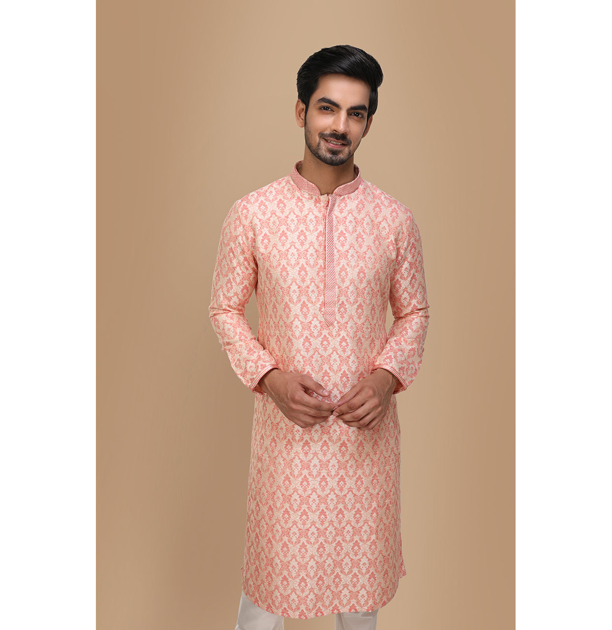 alt message - Manyavar Men Peach Jacquard Kurta Set image number 0