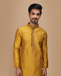 Manyavar Men Molten Gold Yellow Jacquard Kurta Set