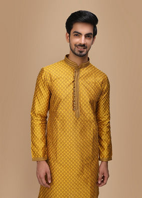 alt message - Manyavar Men Molten Gold Yellow Jacquard Kurta Set image number 0