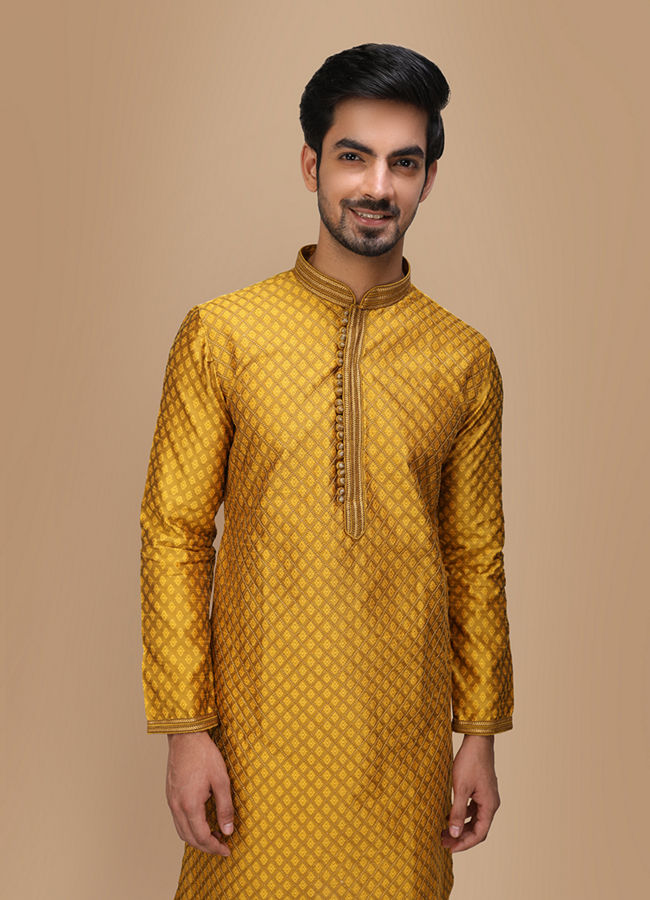 alt message - Manyavar Men Molten Gold Yellow Jacquard Kurta Set image number 0