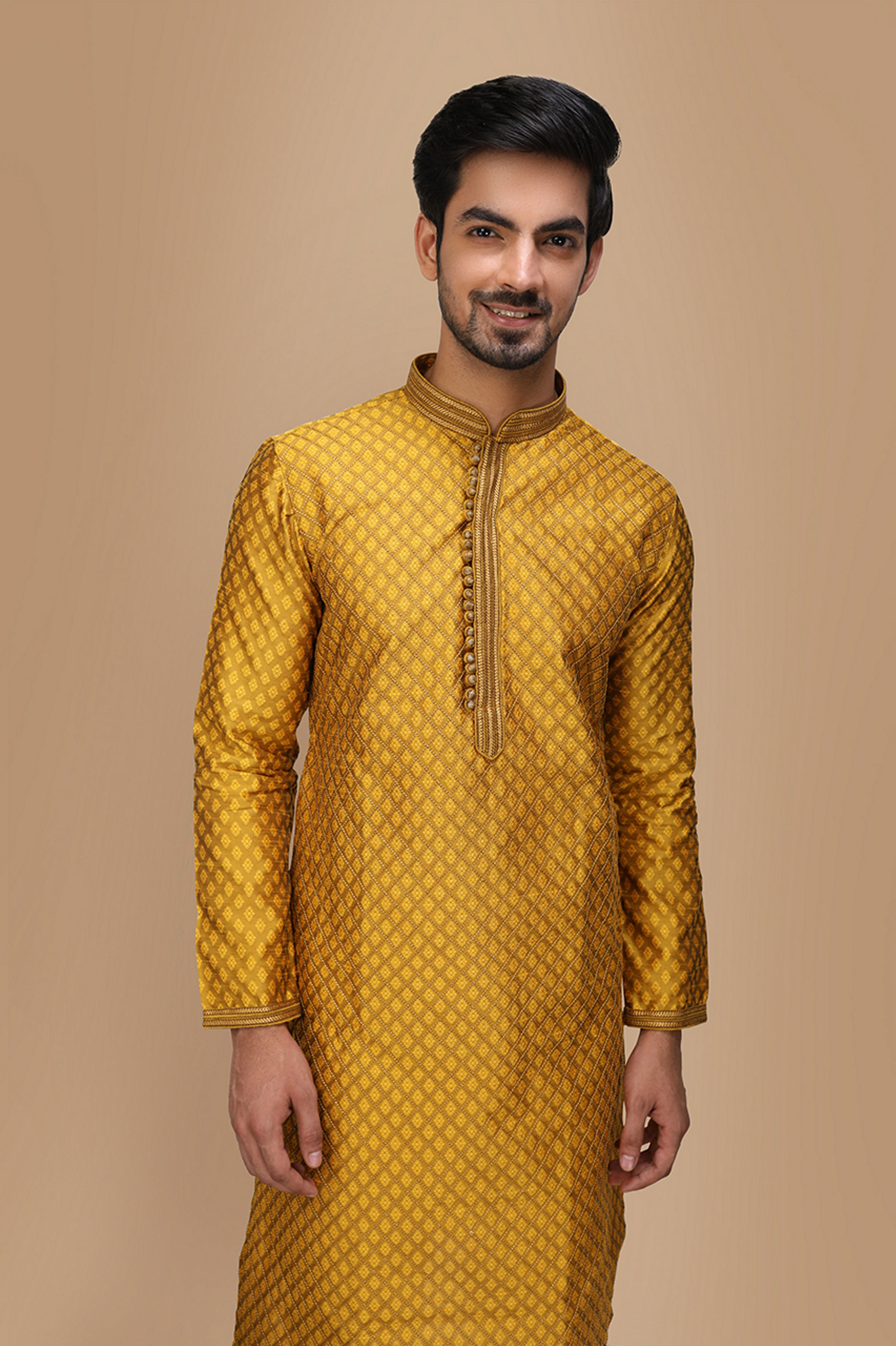 Manyavar Men Molten Gold Yellow Jacquard Kurta Set