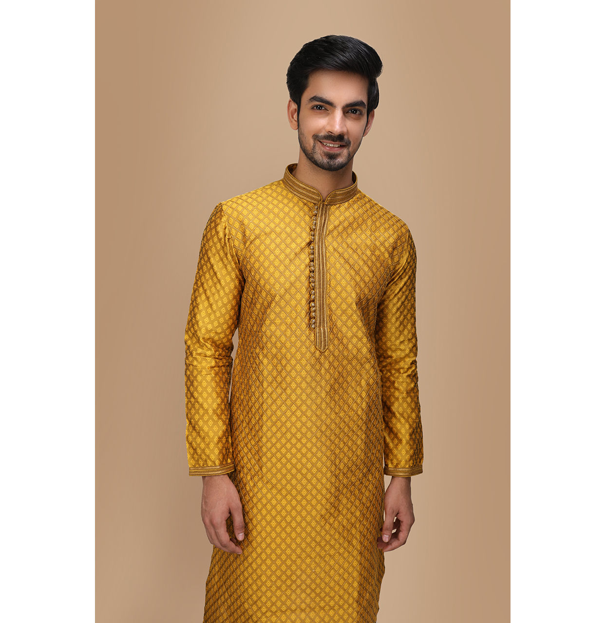 alt message - Manyavar Men Molten Gold Yellow Jacquard Kurta Set image number 0