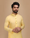 alt message - Manyavar Men Light Yellow Self Booti Motif Kurta Set image number 0