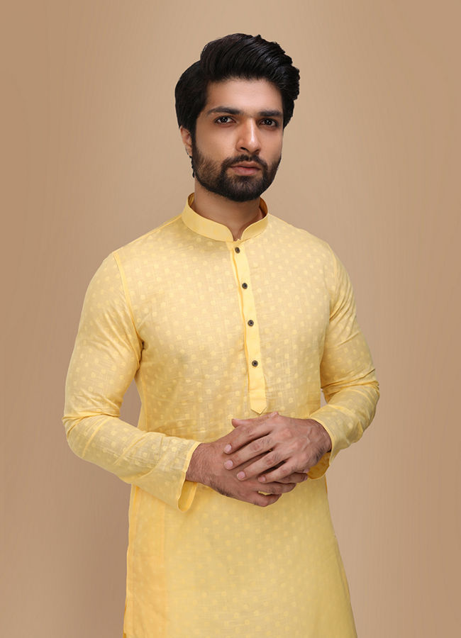 alt message - Manyavar Men Light Yellow Self Booti Motif Kurta Set image number 0