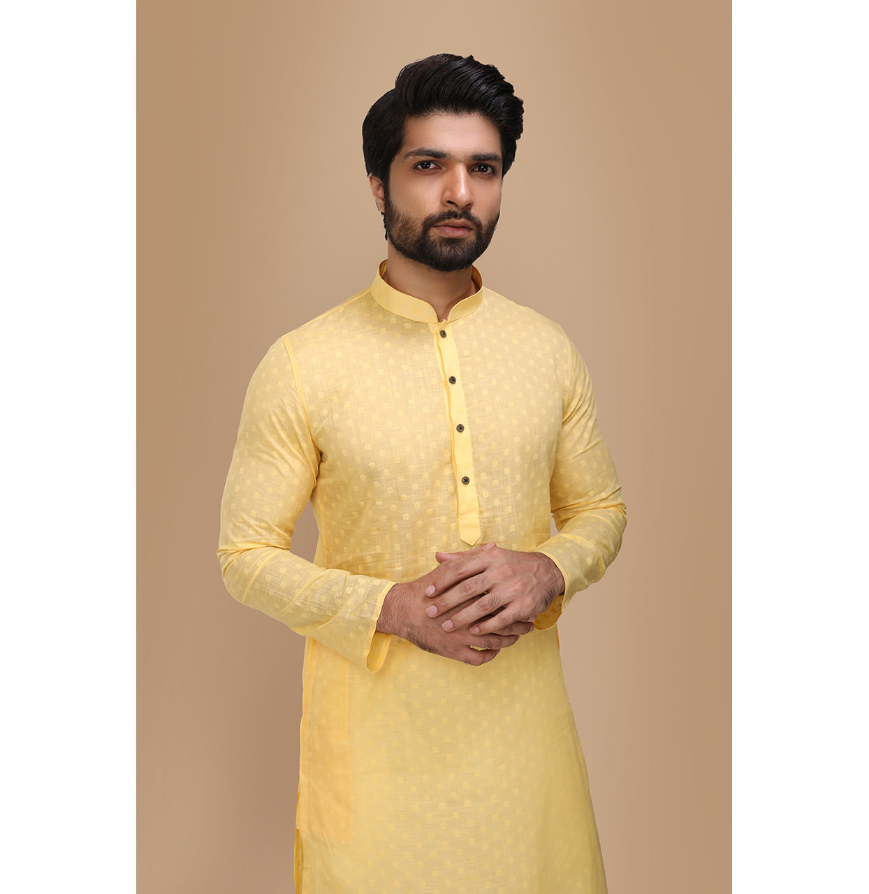 alt message - Manyavar Men Light Yellow Self Booti Motif Kurta Set image number 0