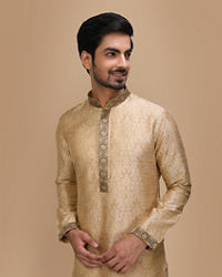 Manyavar Men Beige Jacquard Kurta Set