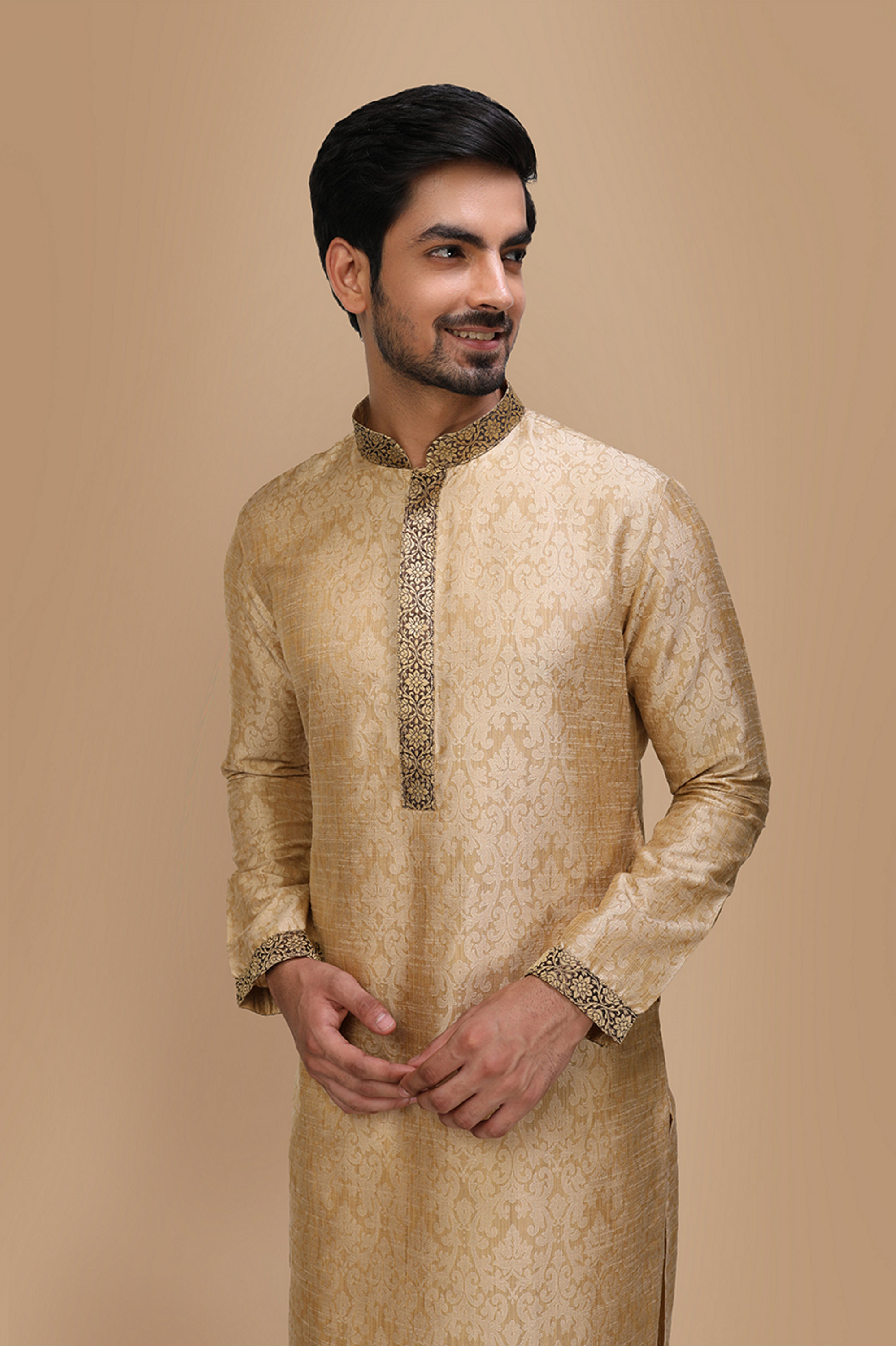 Manyavar Men Beige Jacquard Kurta Set