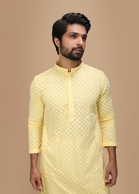 alt message - Manyavar Men Light Yellow Chikankari Kurta Set image number 0