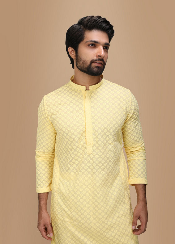 Manyavar Men Light Yellow Chikankari Kurta Set