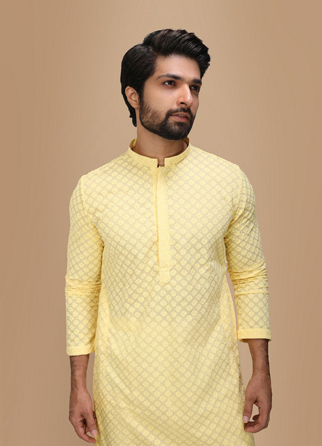 Men’s Bright Yellow Chikankari Kurta – Silk-Blend, Mandarin Collar