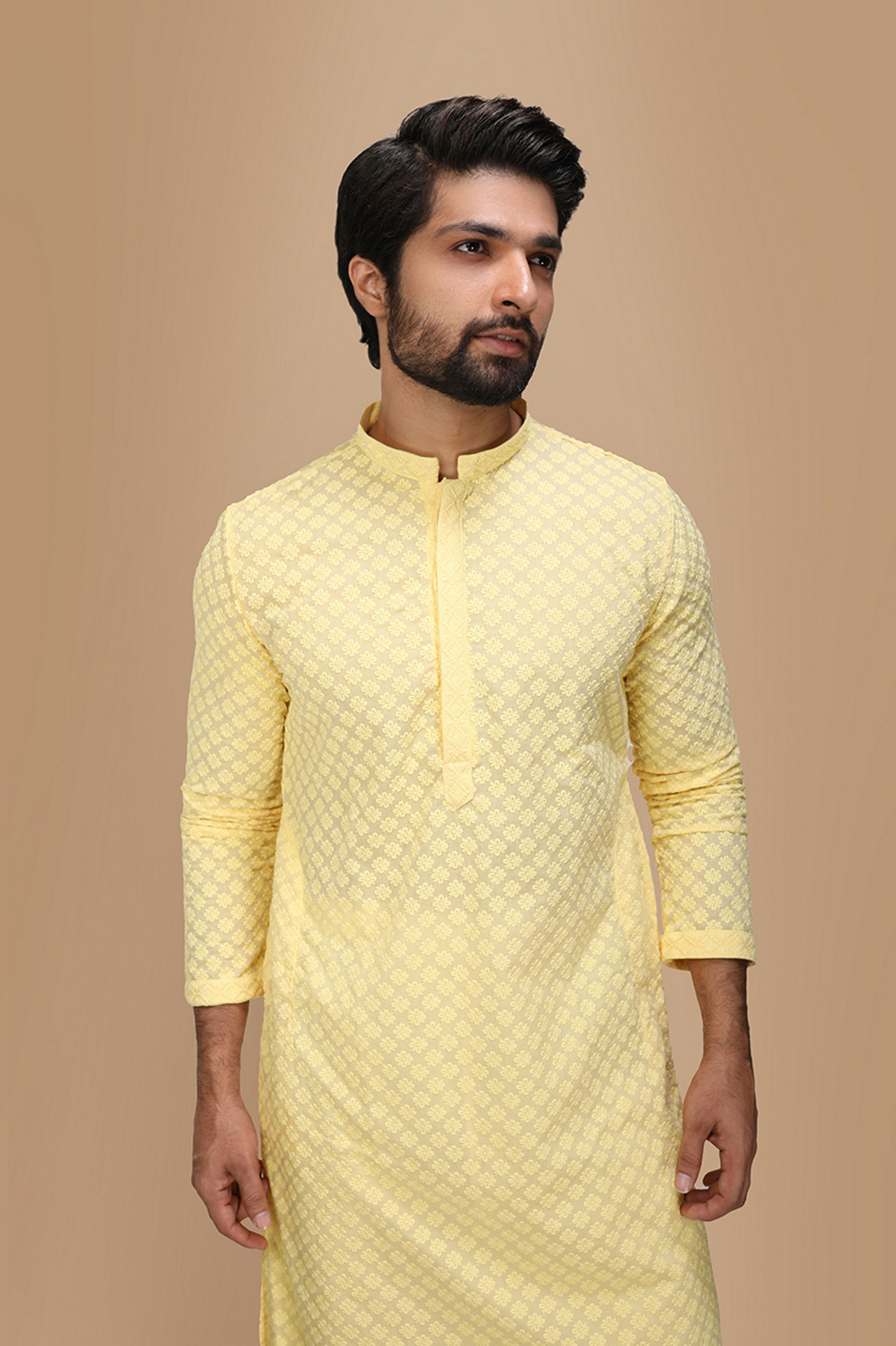 Manyavar Men Light Yellow Chikankari Kurta Set