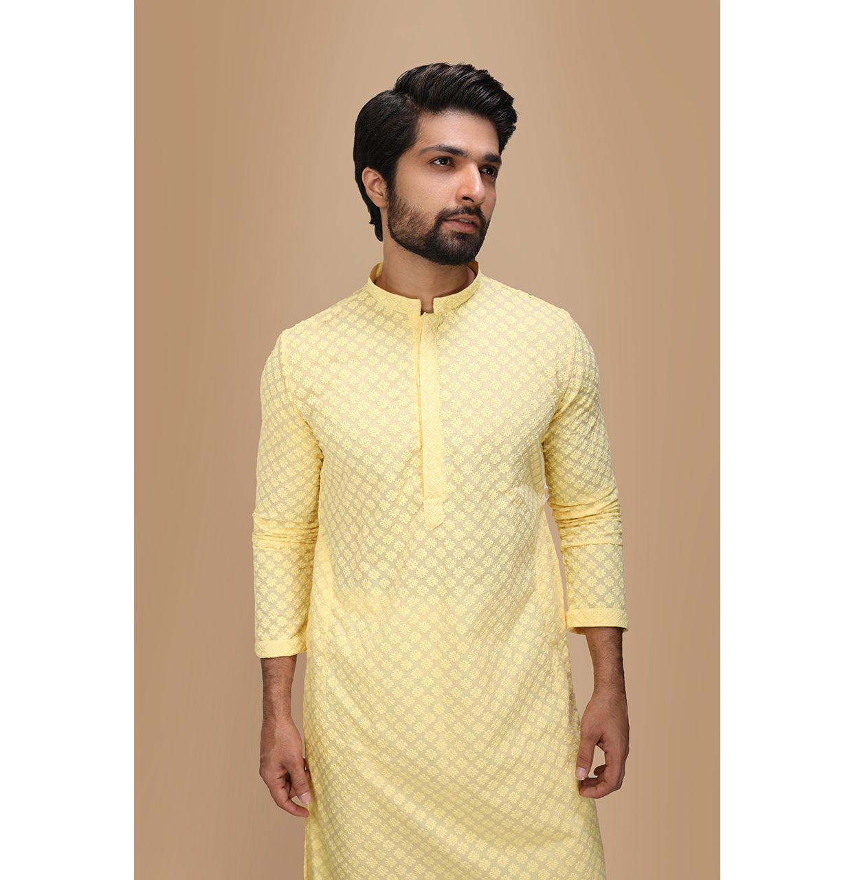 alt message - Manyavar Men Light Yellow Chikankari Kurta Set image number 0