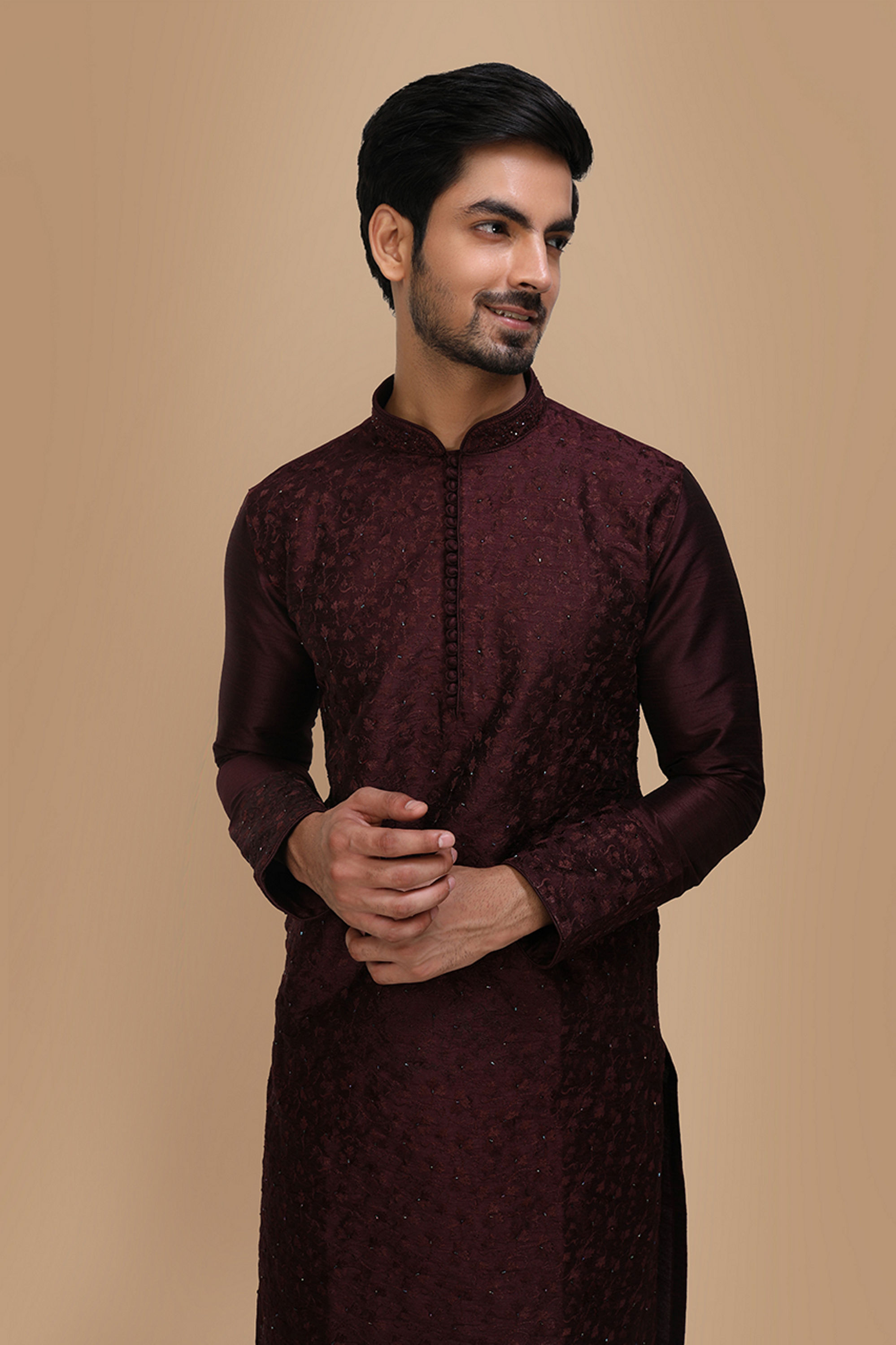 Manyavar Men Plum Thread Embroidered Kurta Set