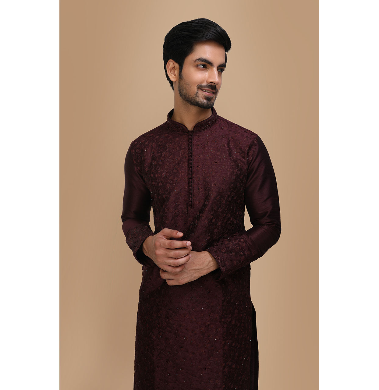 Manyavar Men Plum Thread Embroidered Kurta Set