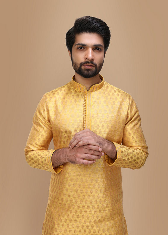 Manyavar Men Yellow Jacquard Kurta Set