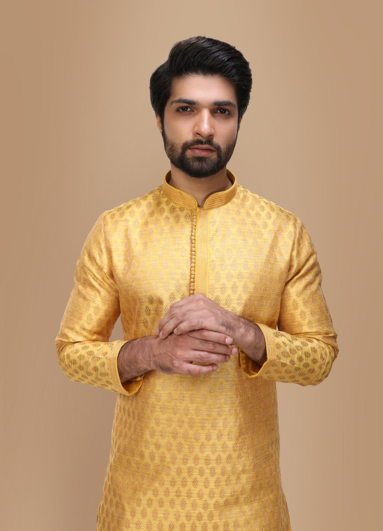 Manyavar Men Yellow Jacquard Kurta Set