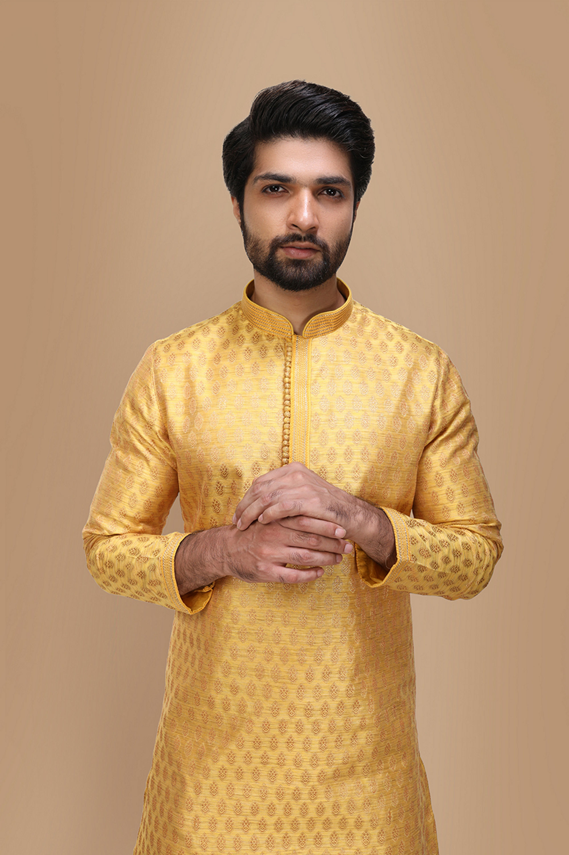 Manyavar Men Yellow Jacquard Kurta Set