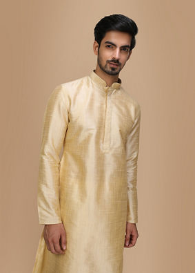 alt message - Manyavar Men Beige Plain Kurta Set image number 0