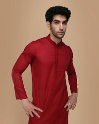 Manyavar Men Ruby Red Plain Kurta Set