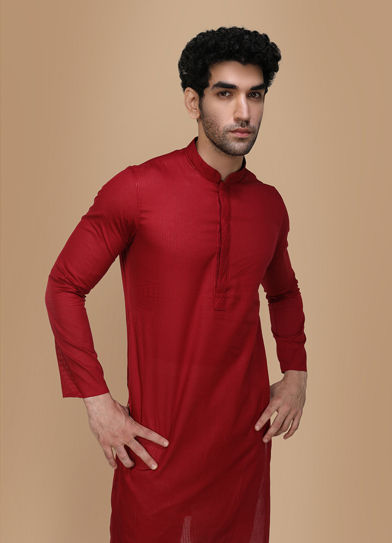 Manyavar Men Ruby Red Plain Kurta Set