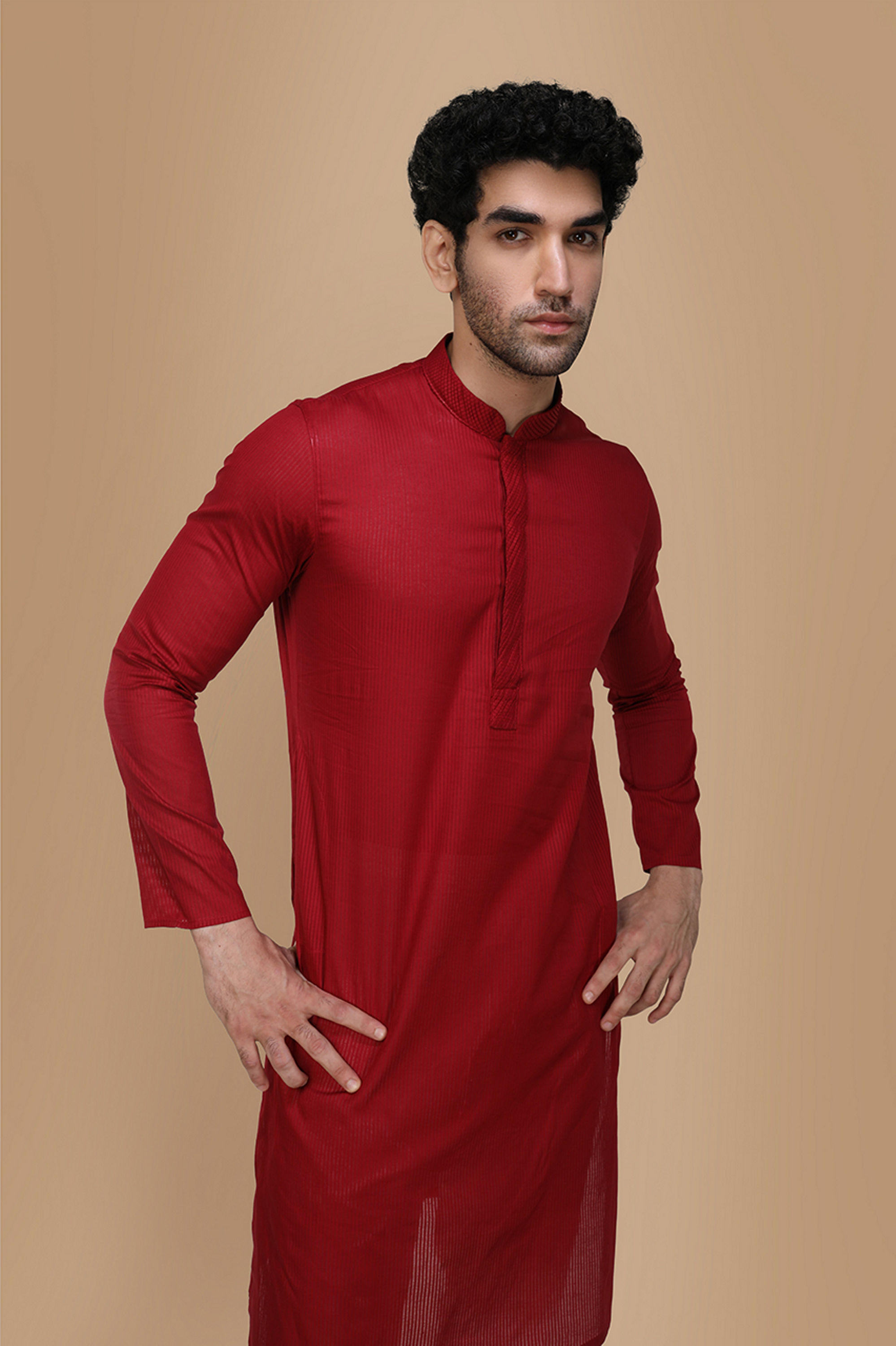 Manyavar Men Ruby Red Plain Kurta Set