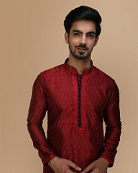 Manyavar Men Maroon Embroidered Jacquard Kurta Set