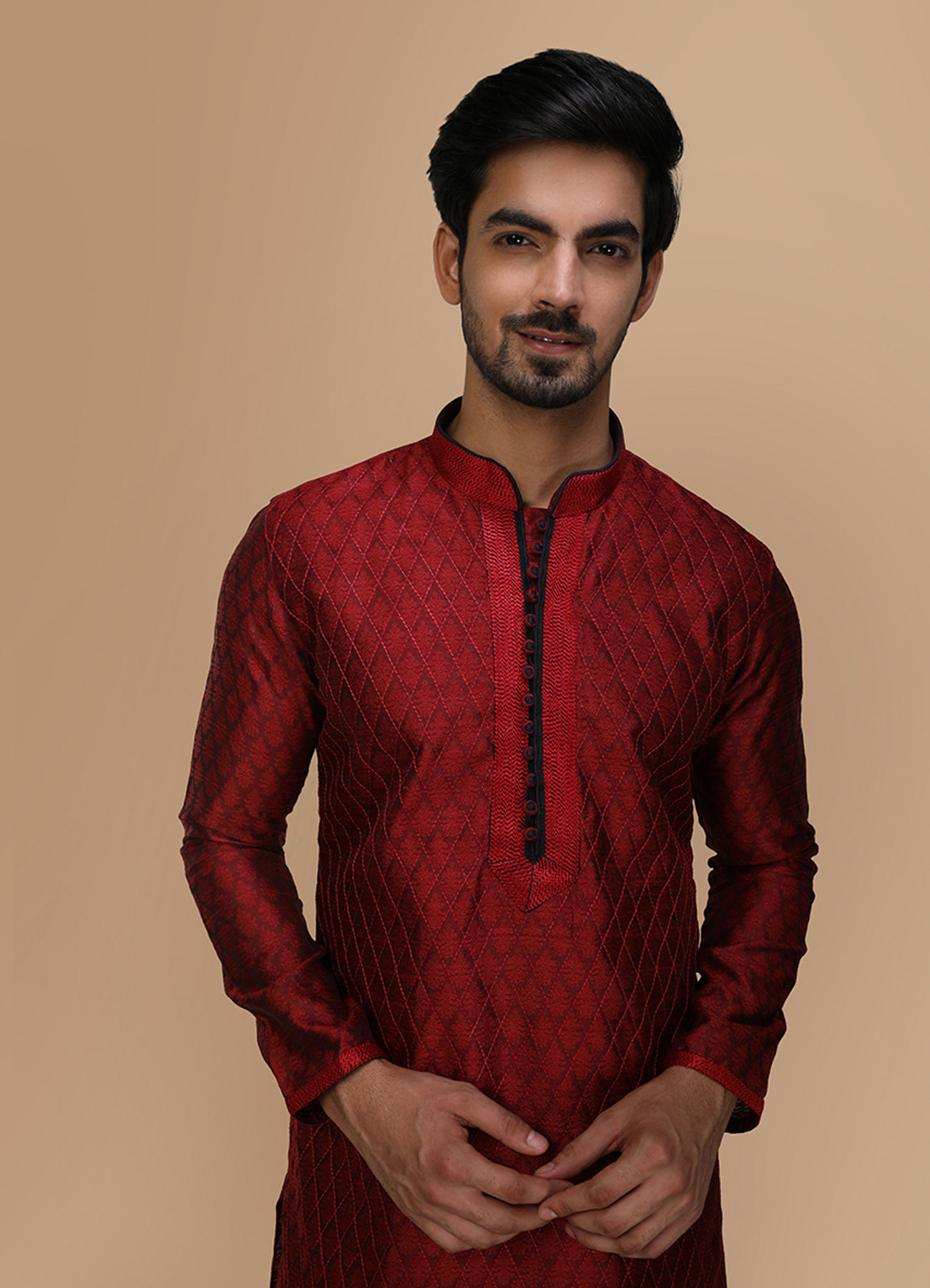Manyavar Men Maroon Embroidered Jacquard Kurta Set