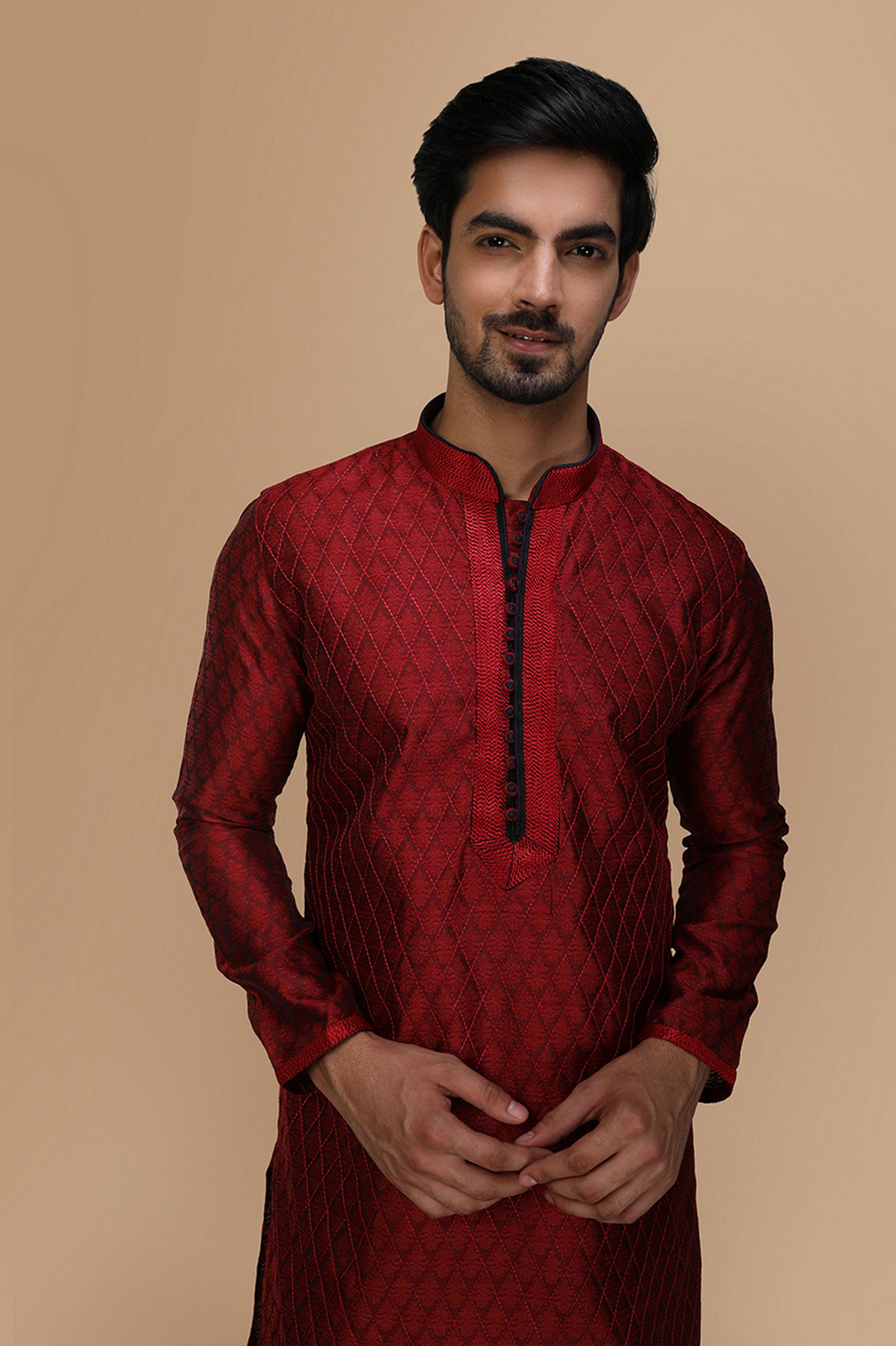 Manyavar Men Maroon Embroidered Jacquard Kurta Set